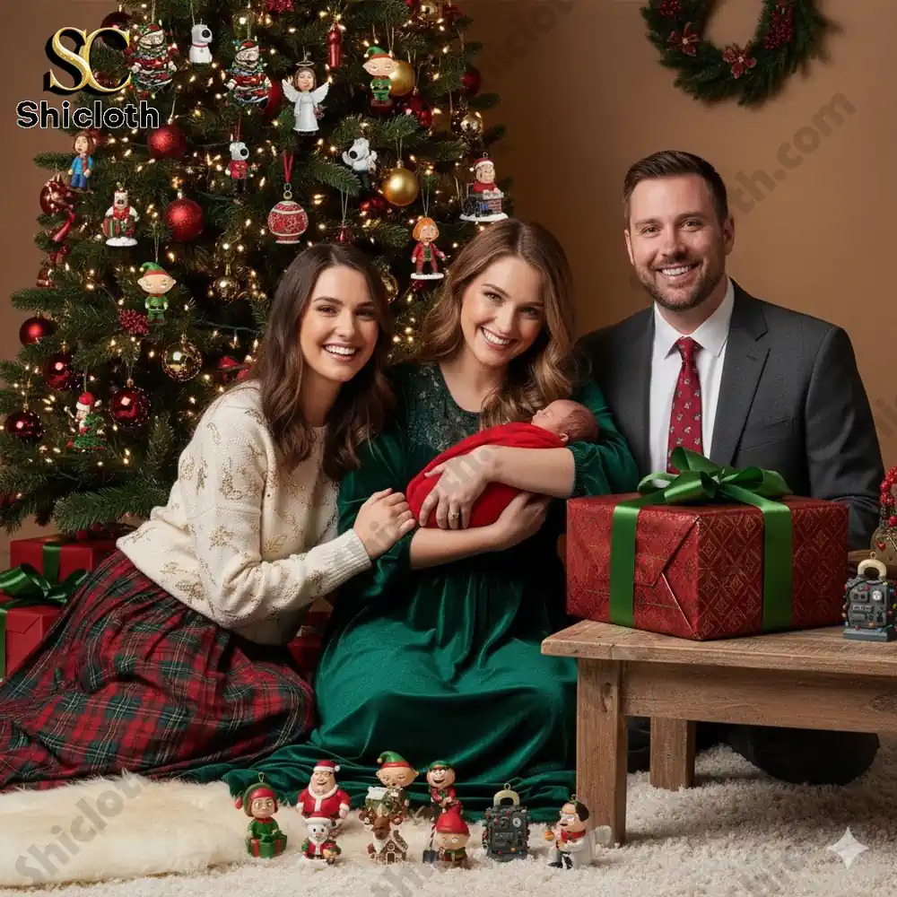 A happy family posing by a Christmas tree with gifts and festive decorations!