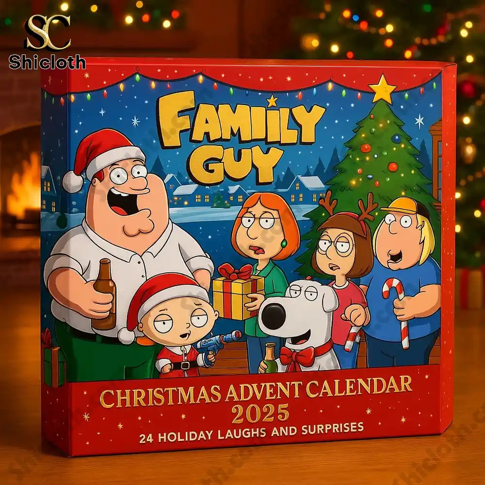 A Family Guy Christmas Advent Calendar 2025 box featuring cartoon characters in holiday outfits!