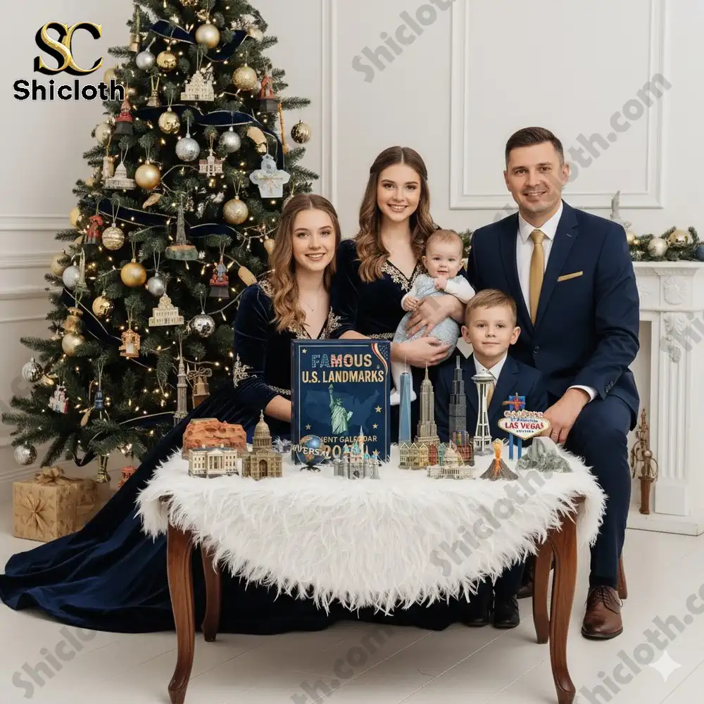 A family poses by a Christmas tree with the Famous U.S. Landmarks Advent Calendar 2025 on the table.