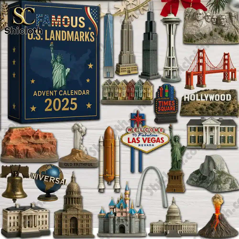 Famous U.S. Landmarks Advent Calendar 2025 set featuring miniature American landmarks.