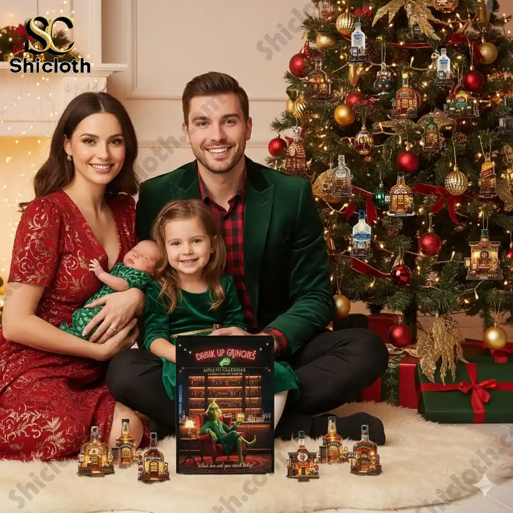 Family celebrating Christmas with a Drink Up Grinches Advent Calendar beside a decorated Christmas tree.