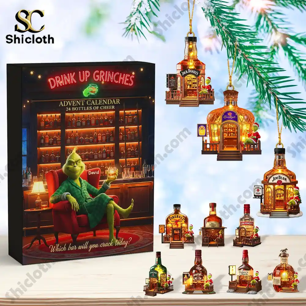Drink Up Grinches Advent Calendar with miniature alcohol bar decorations.