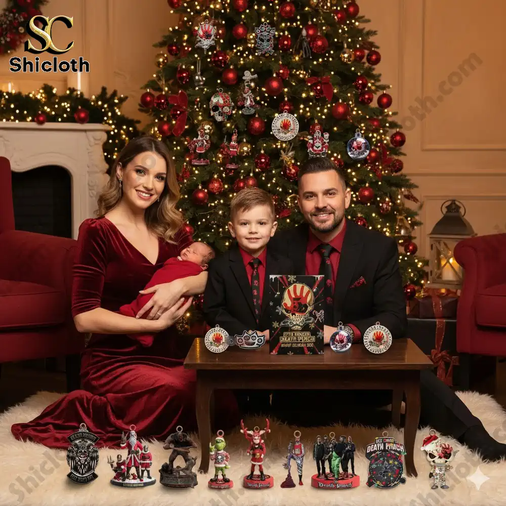 Family Christmas photo with Five Finger Death Punch Advent Calendar 2025 and themed ornaments.
