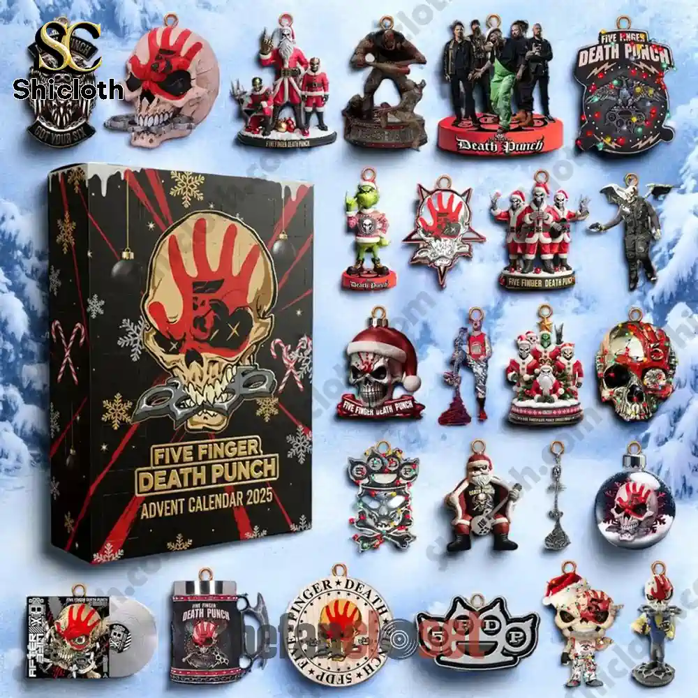 Collection of Five Finger Death Punch Advent Calendar 2025 with ornaments and figures.