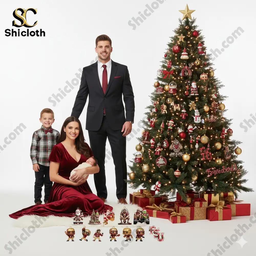 Family posing by a decorated Christmas tree with Florida State Seminoles ornaments and gifts.