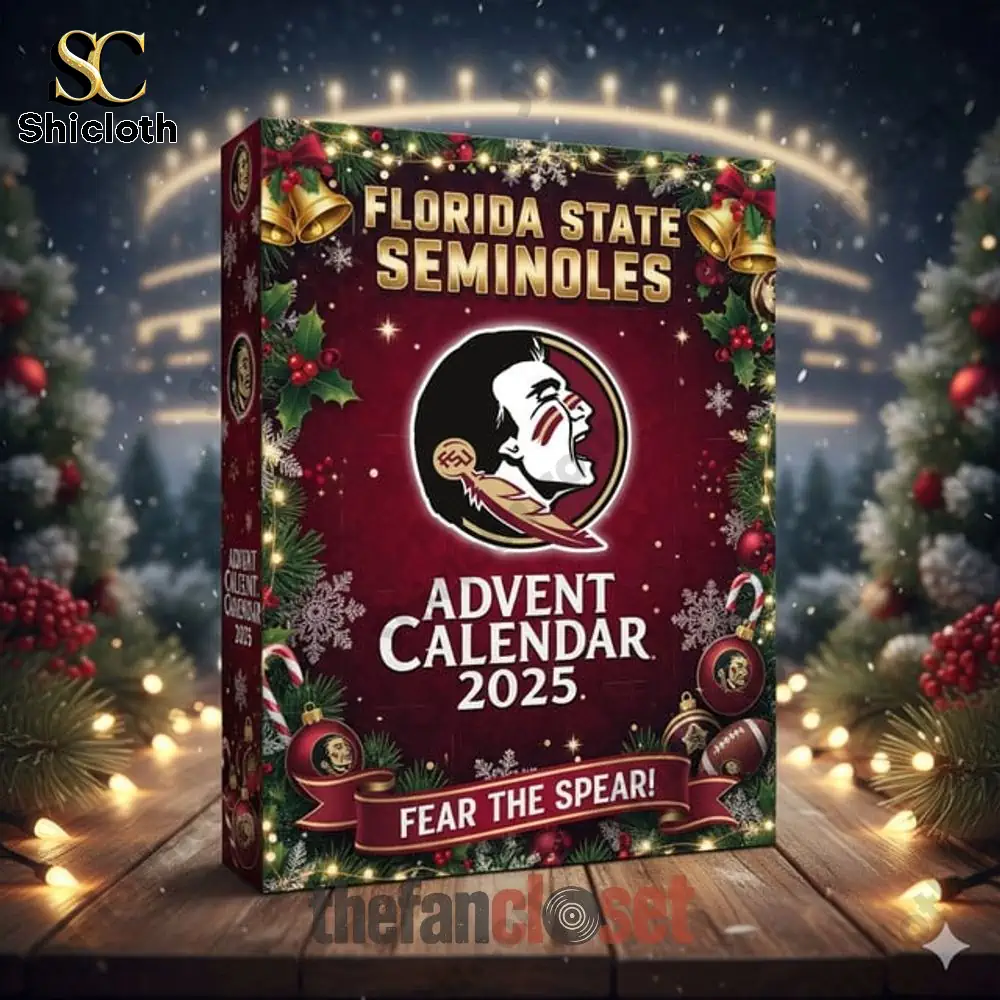 Box of Florida State Seminoles Advent Calendar 2025 on a festive wooden table with Christmas decorations.