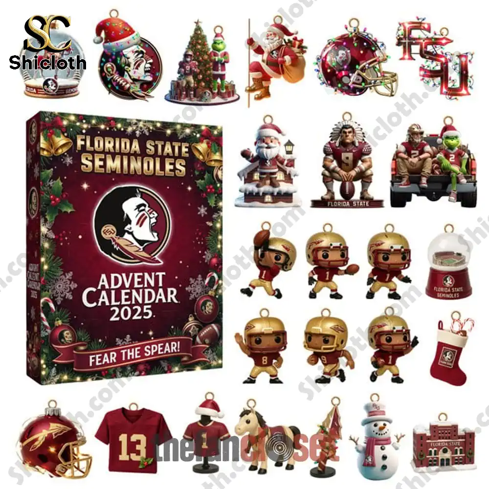 Florida State Seminoles Fear The Spear Advent Calendar 2025 3 Florida State Seminoles Advent Calendar 2025 with various themed ornaments displayed around the box.