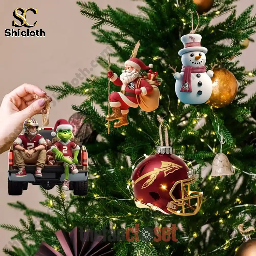 Florida State Seminoles Fear The Spear Advent Calendar 2025 4 Christmas tree decorated with Florida State Seminoles ornaments including Santa, snowman, helmet, and figurines.