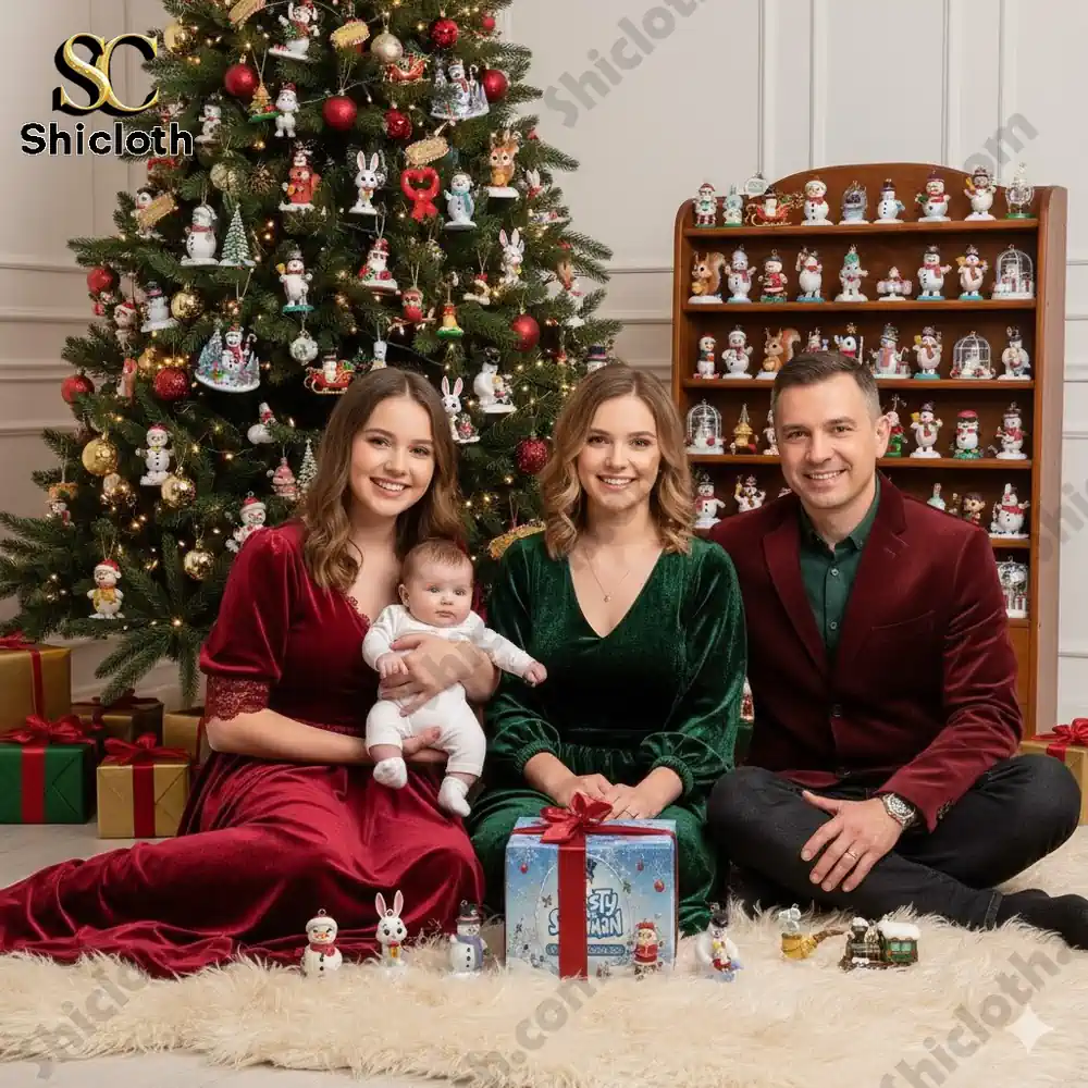 A family sits beside a Christmas tree with the Shicloth Frosty the Snowman Advent Calendar 2025 and character ornaments.