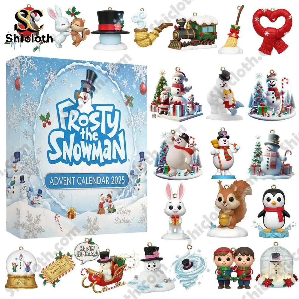 A Frosty the Snowman Advent Calendar 2025 set displayed with multiple cute character ornaments including Frosty and friends.