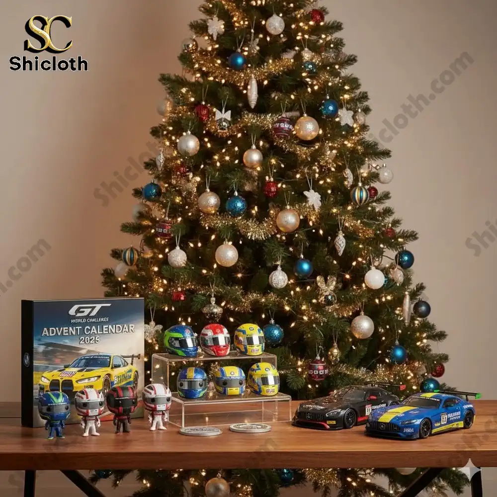GT World Challenge Advent Calendar 2025 display with race cars and helmets beside a Christmas tree!