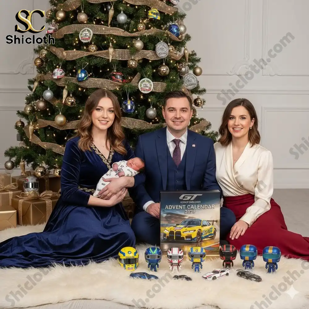 Family with GT World Challenge Advent Calendar 2025 and collectibles in front of a Christmas tree!
