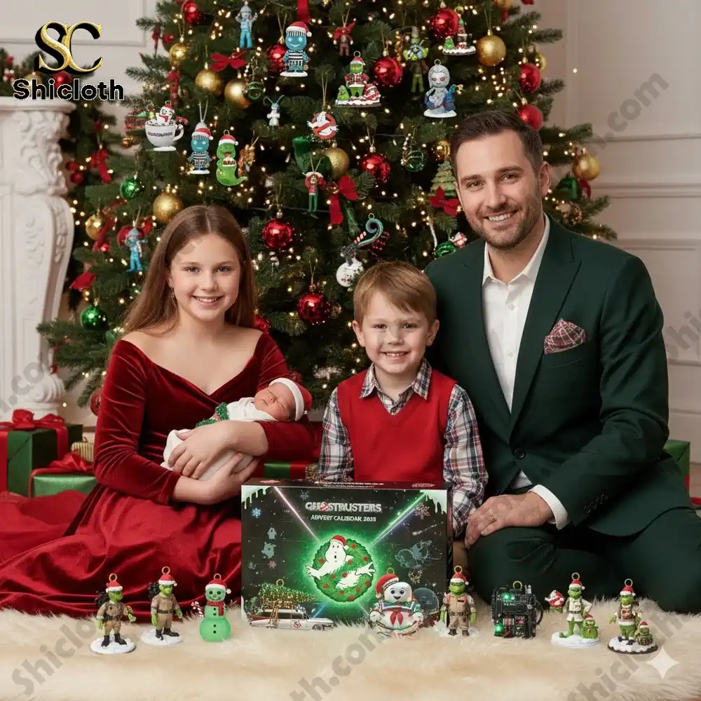 Ghostbusters Premium Advent Calendar 2025 1 A happy family sitting by a Christmas tree with the Shicloth Ghostbusters Advent Calendar 2025 and miniature ornaments displayed in front!