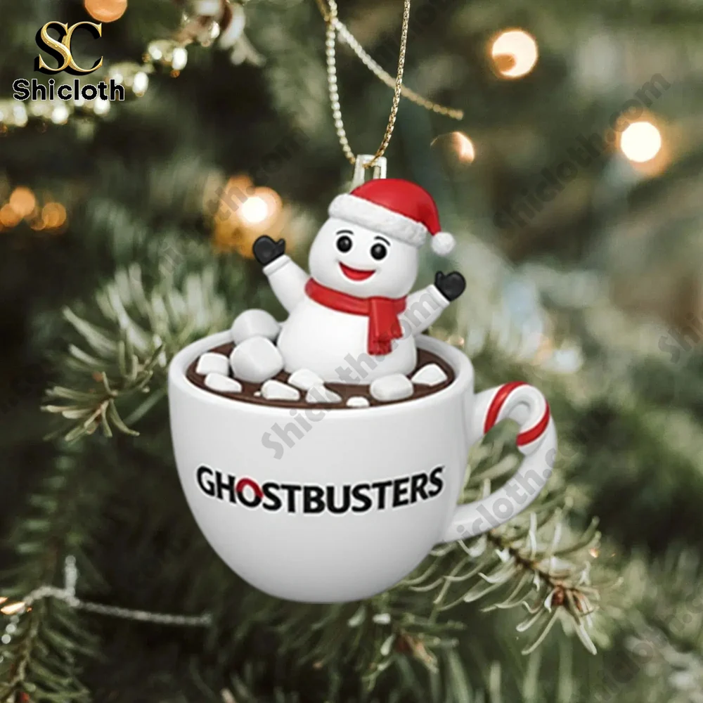 Ghostbusters Premium Advent Calendar 2025 4 A snowman in a hot chocolate cup ornament from the Shicloth Ghostbusters Advent Calendar 2025 hanging on a Christmas tree!