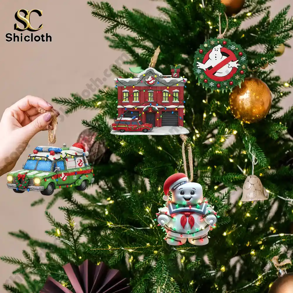 Ghostbusters Premium Advent Calendar 2025 7 Ghostbusters themed ornaments from the Shicloth Advent Calendar 2025 hanging on a Christmas tree!