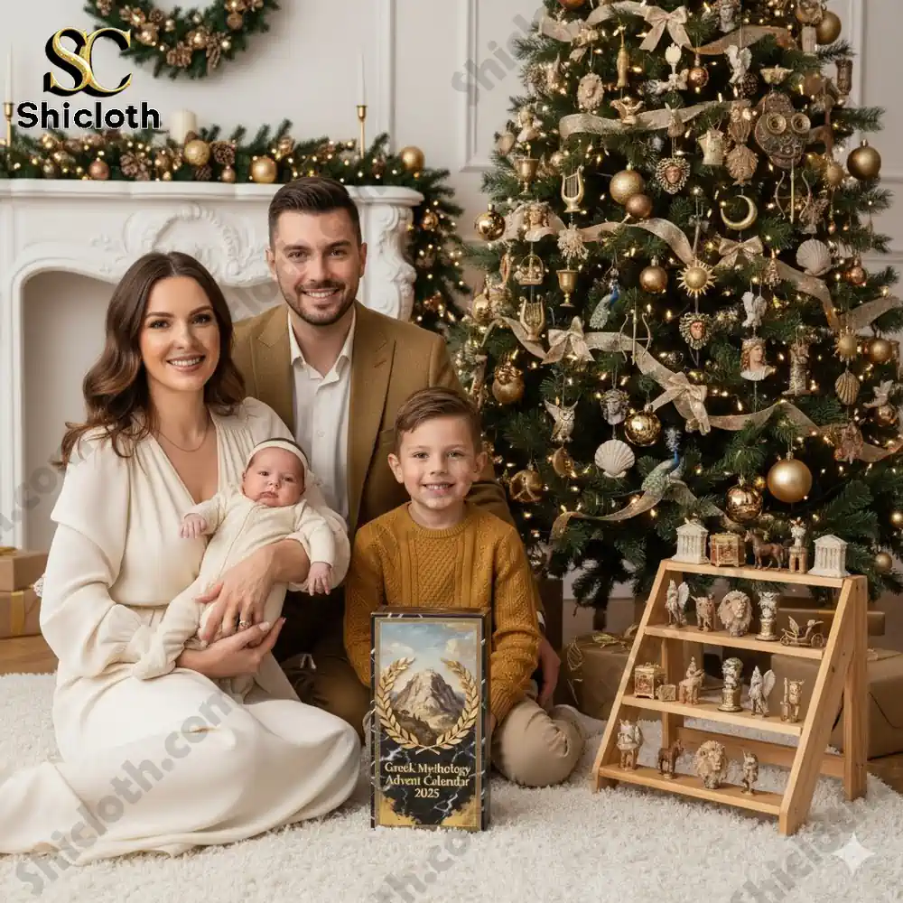 Family sitting by Christmas tree with Greek Mythology Advent Calendar 2025 and collectible figurines displayed.