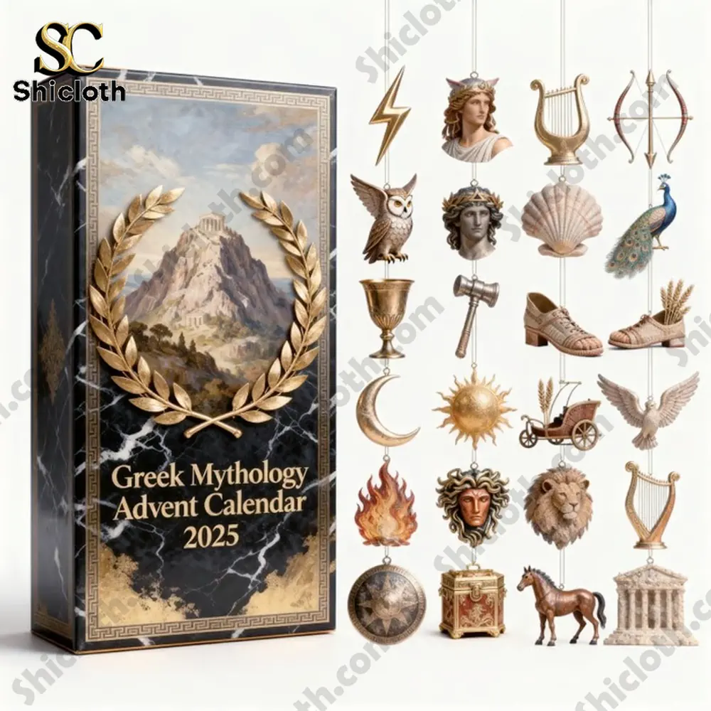 Close up of Greek Mythology Advent Calendar 2025 box with miniature figurines of gods and symbols.