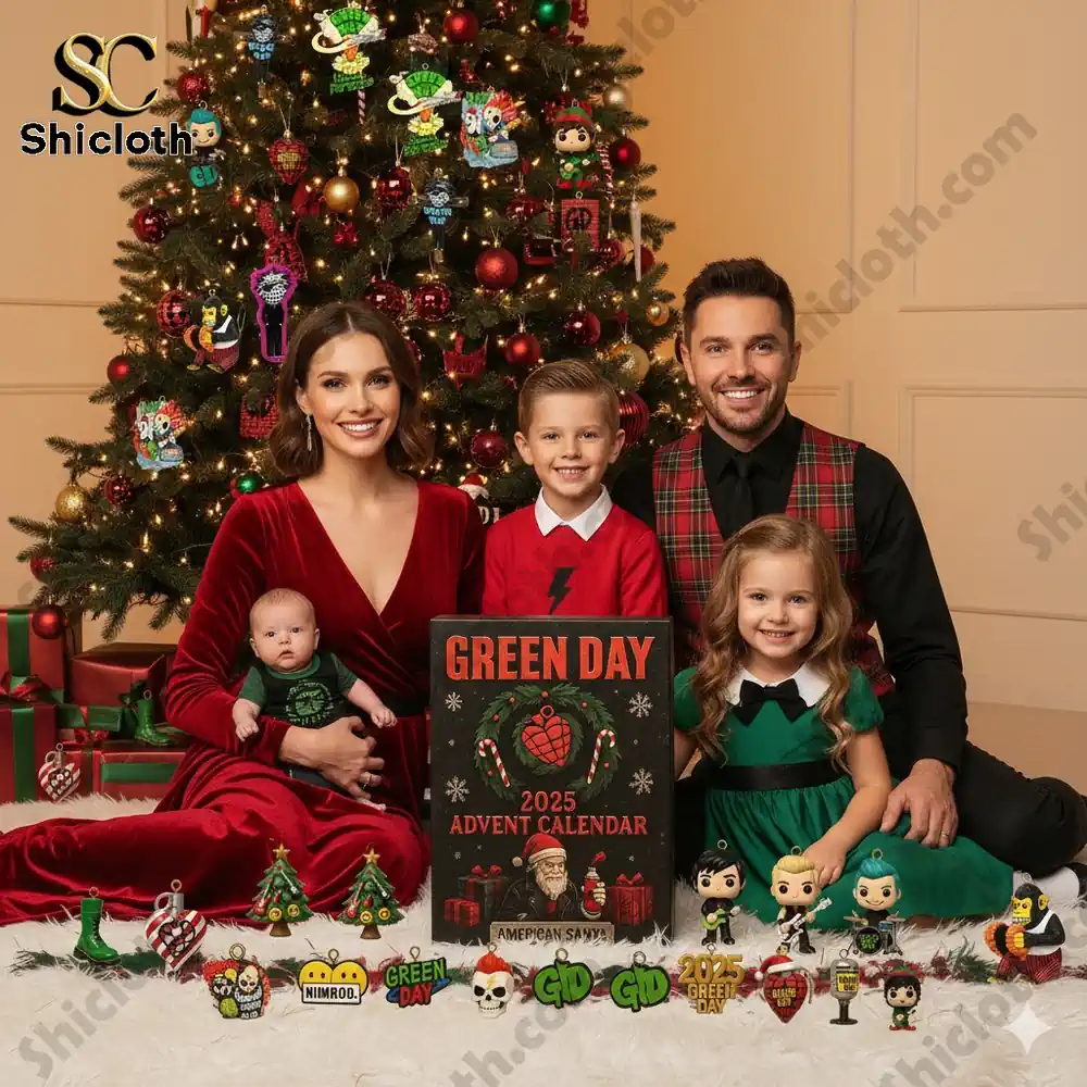 Family sitting by Christmas tree with Green Day Advent Calendar 2025 and themed figurines.