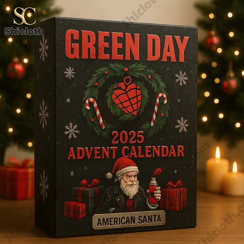 Close up of Green Day Advent Calendar 2025 box with festive design.