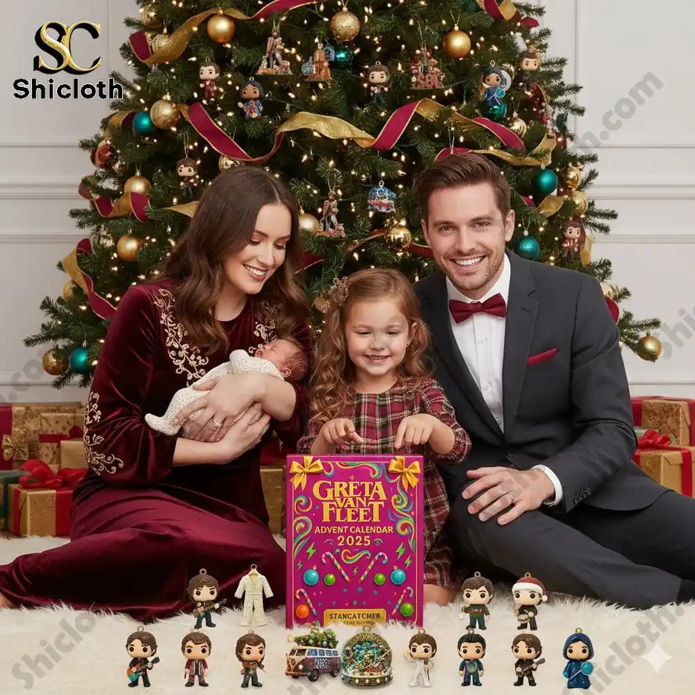 Family sitting in front of a decorated Christmas tree with Greta Van Fleet Advent Calendar 2025 and ornaments.