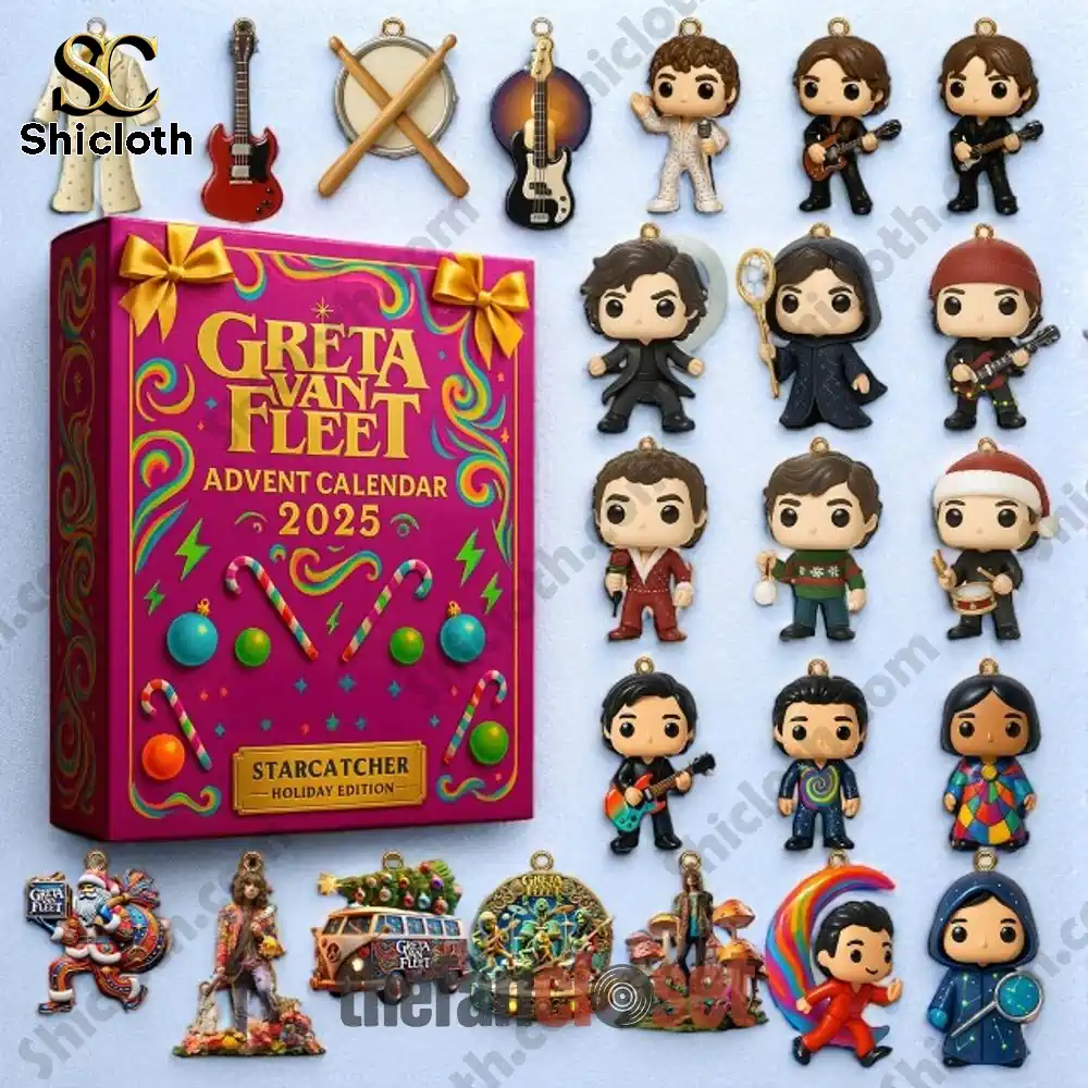 Greta Van Fleet Advent Calendar 2025 with assorted themed ornaments displayed around the box.