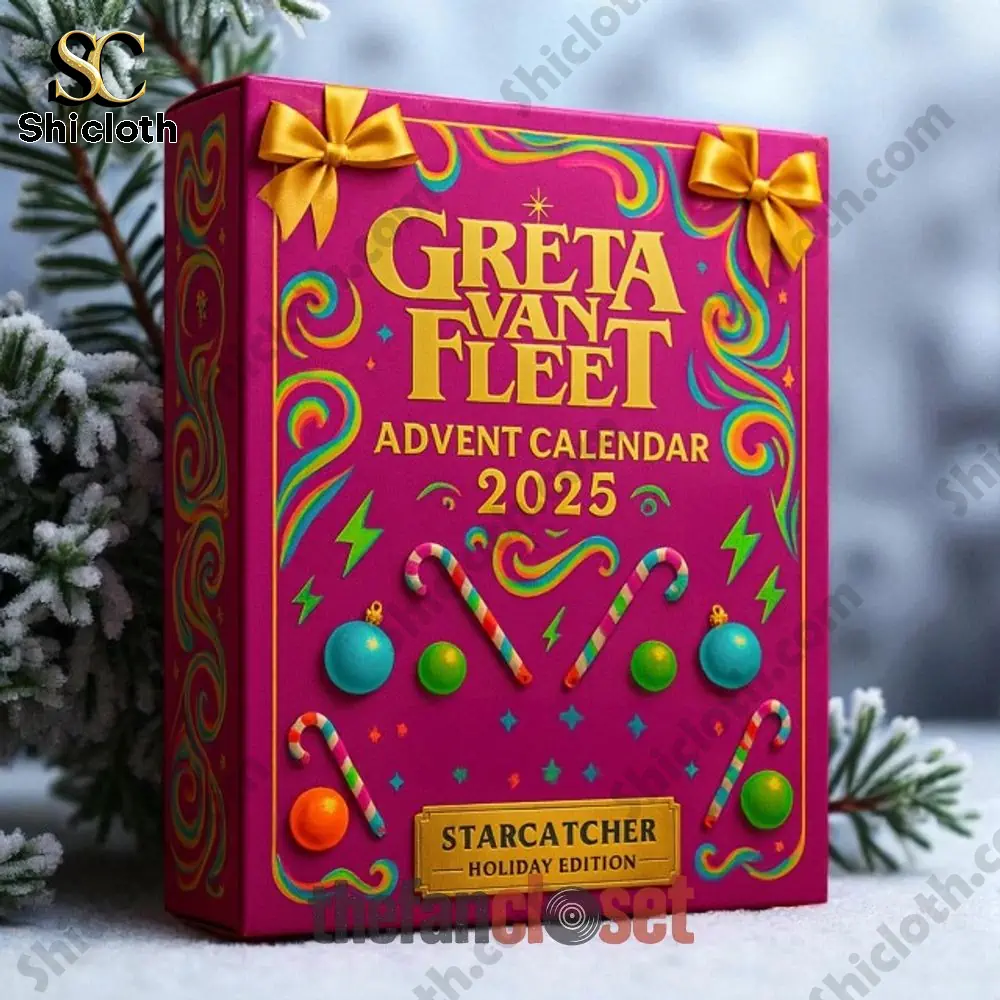 Greta Van Fleet Starcatcher Holiday Edition Advent Calendar 2025 3 Close up of Greta Van Fleet Advent Calendar 2025 box with colorful holiday design.