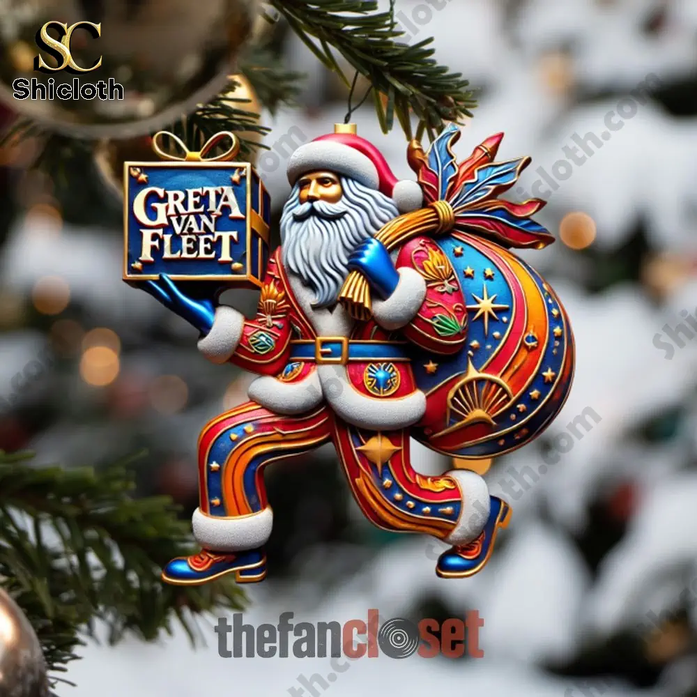 Greta Van Fleet Starcatcher Holiday Edition Advent Calendar 2025 4 Christmas ornament of Santa Claus holding a Greta Van Fleet gift on a decorated tree.