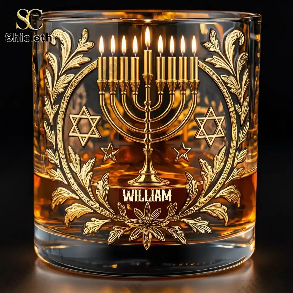 Golden menorah whiskey glass with custom name William.