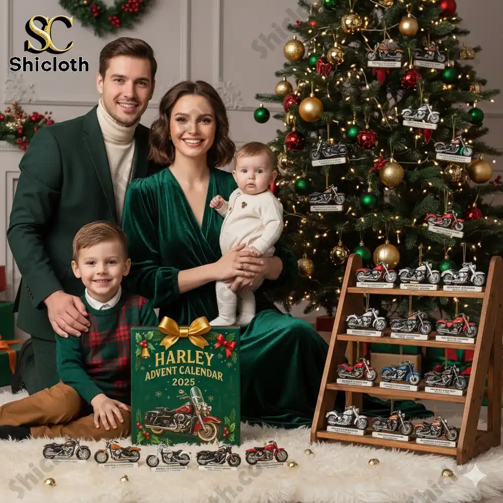 A smiling family in green and white outfits poses by a Christmas tree with Harley Advent Calendar 2025 and miniature motorcycle models.