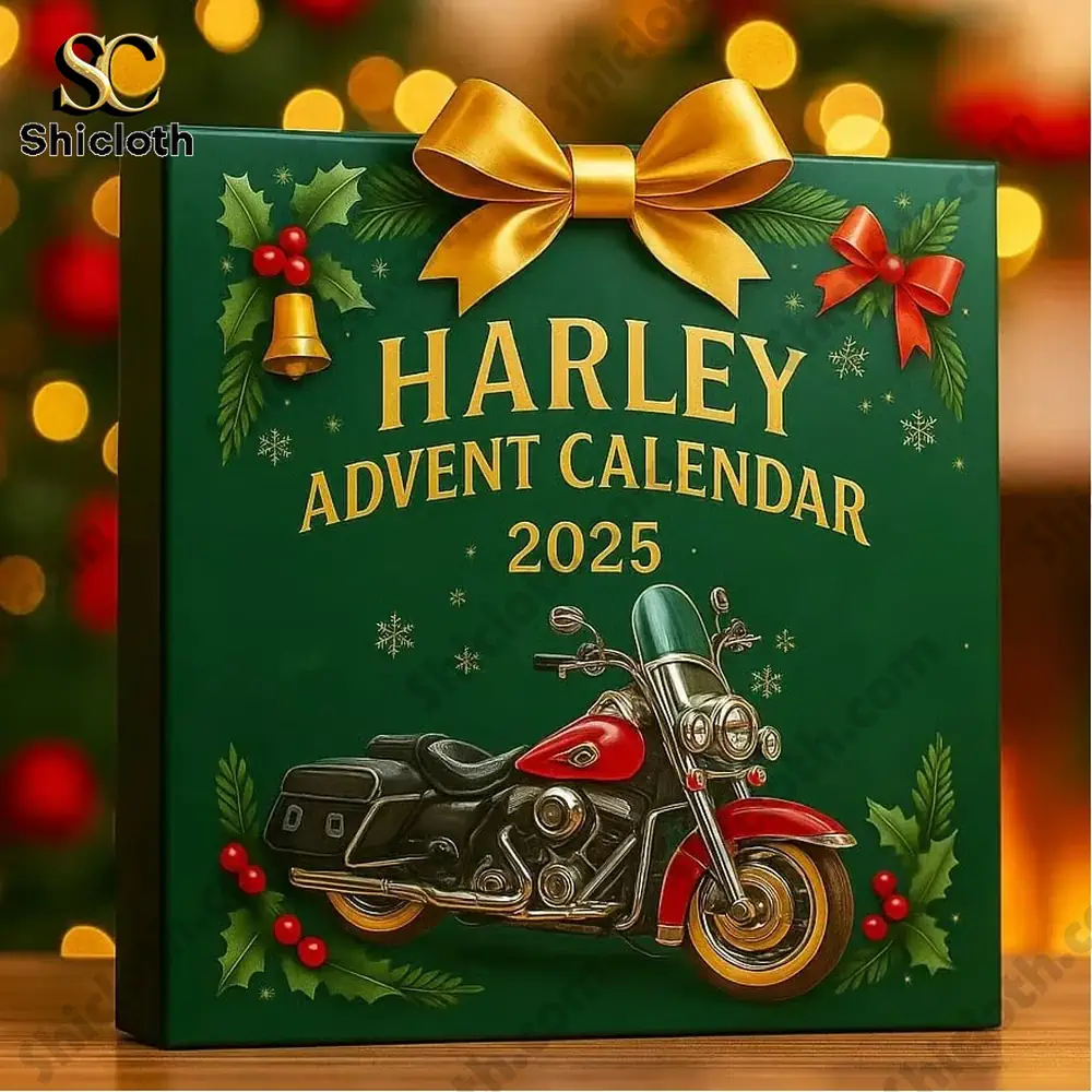 A green Harley Advent Calendar 2025 box decorated with a golden bow and a classic red motorcycle illustration.