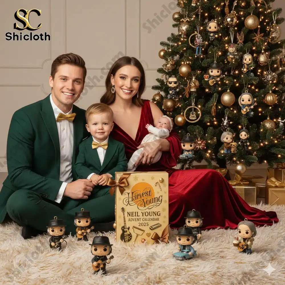 A family sits by a Christmas tree with a Neil Young Advent Calendar 2025 box and collectible figurines.
