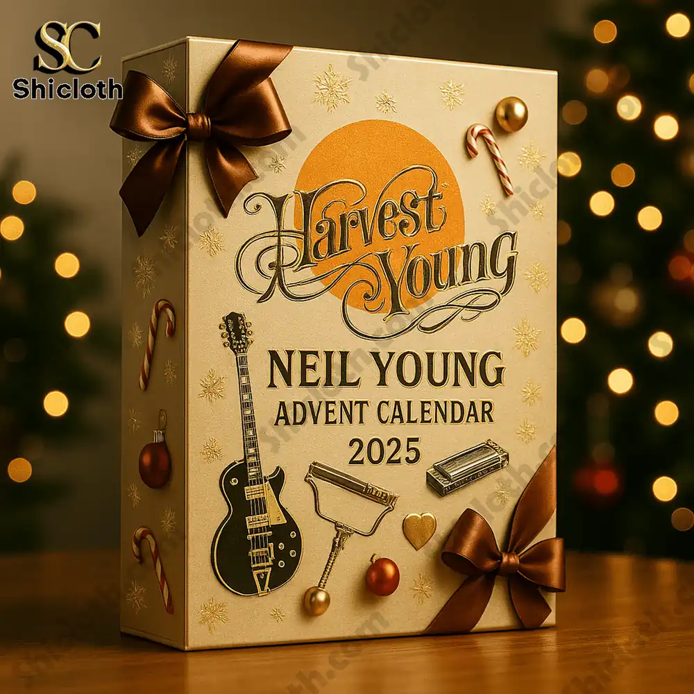 Close up of a Neil Young Advent Calendar 2025 box with musical designs and golden bows.