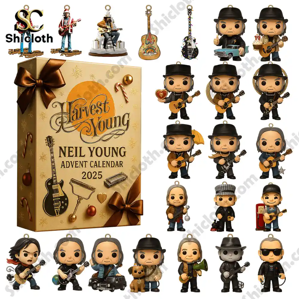 Harvest Young Neil Young Advent Calendar 2025 4 Collection of Neil Young themed figures displayed with the Advent Calendar 2025 box.