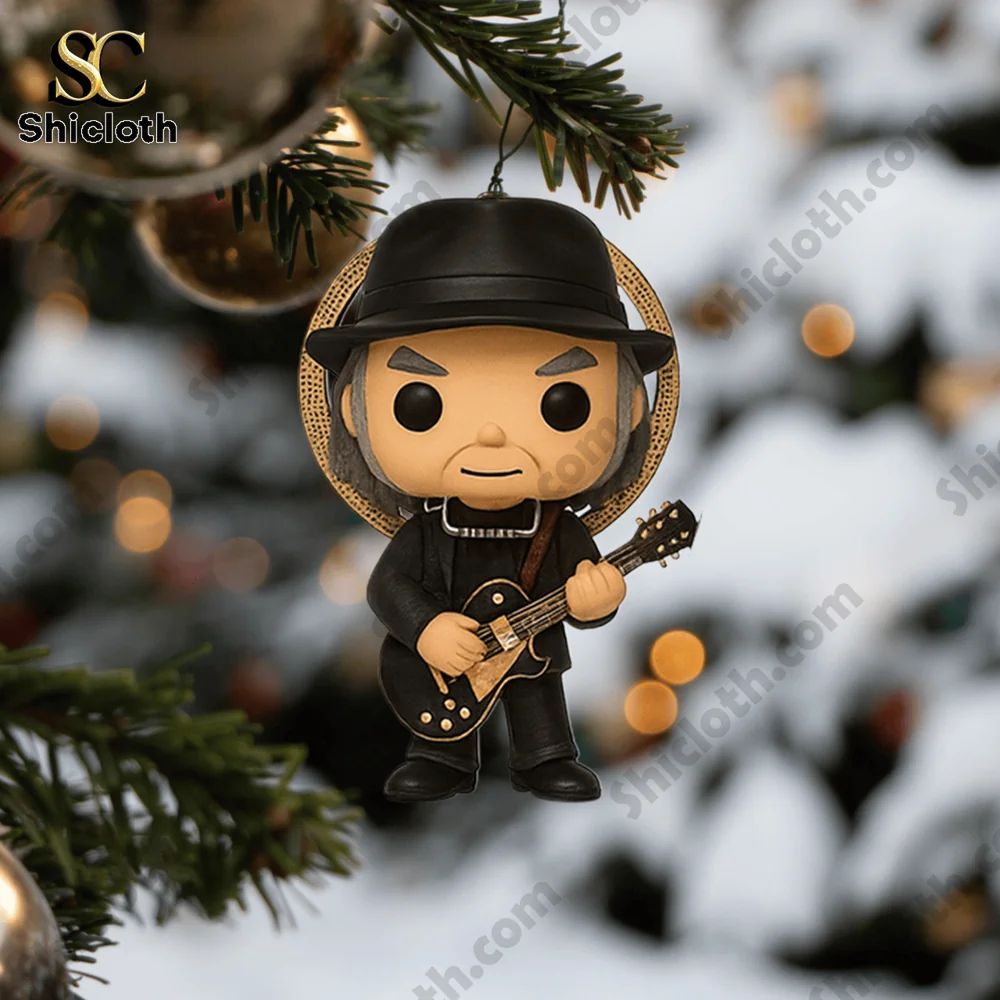 Harvest Young Neil Young Advent Calendar 2025 5 Neil Young collectible figure ornament hanging on a Christmas tree.