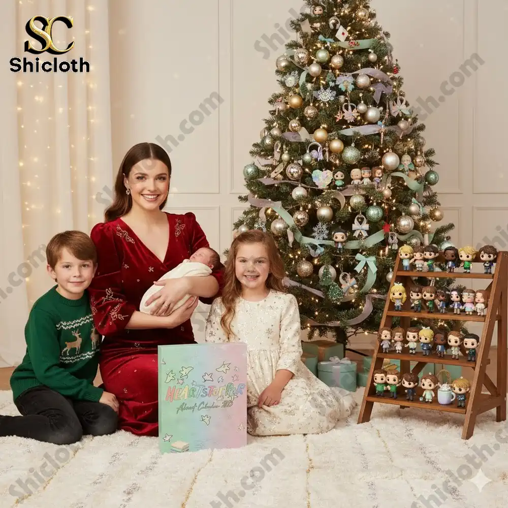 A mother with three children sitting beside a Christmas tree and a Heartstopper Advent Calendar 2025 display with collectible figures on a wooden shelf!