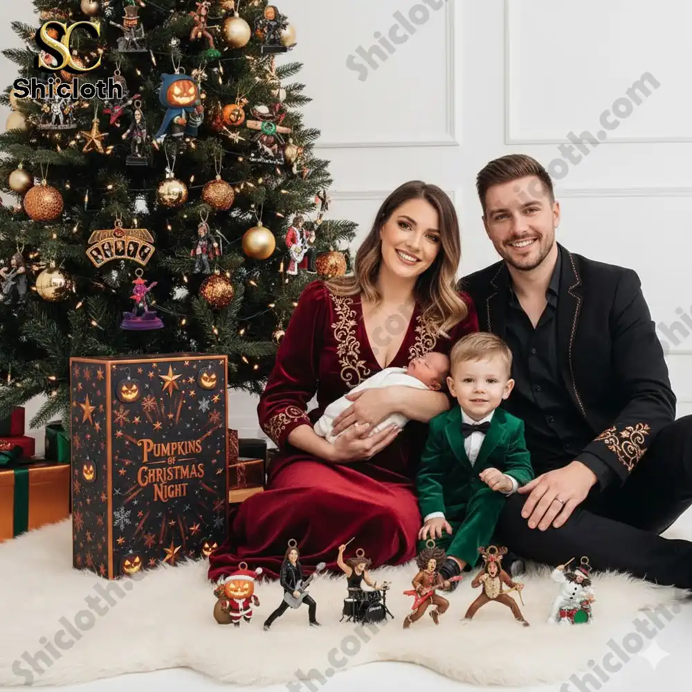 Family sitting by Christmas tree with Pumpkins of Christmas Night advent calendar and ornaments.