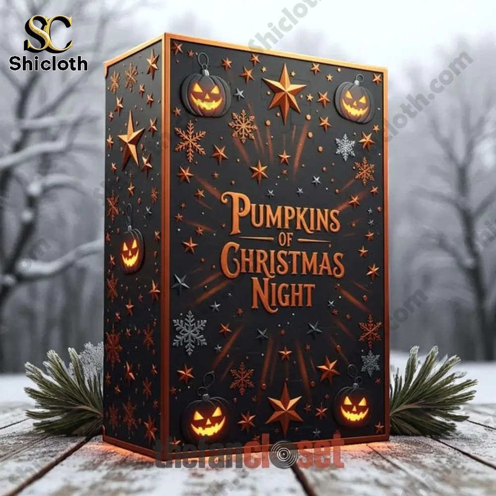 Close up of Pumpkins of Christmas Night advent calendar box on snowy background.