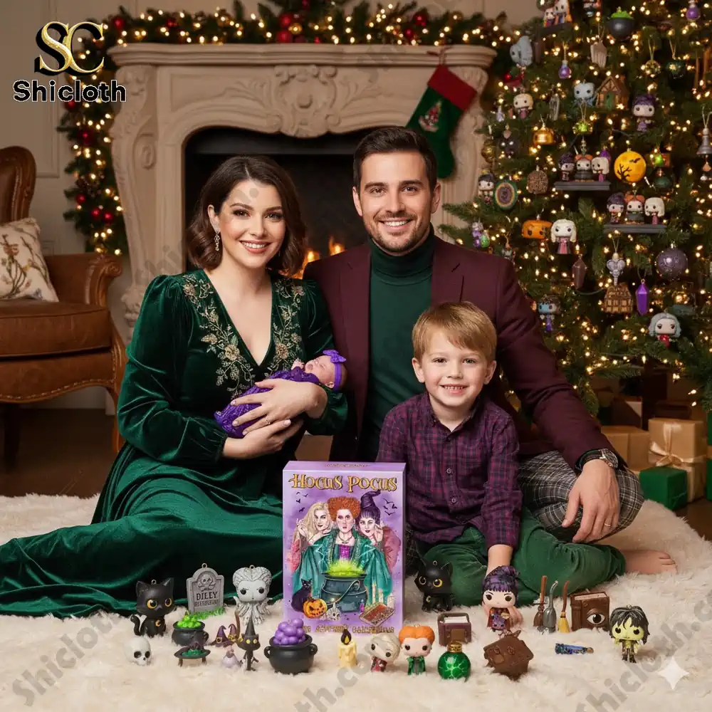 A family sits by a Christmas tree with the Hocus Pocus Advent Calendar 2025 box and collectible figures.