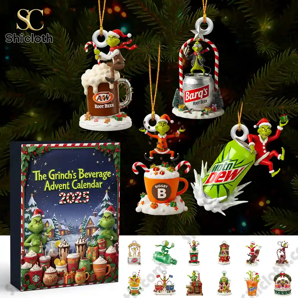 The Grinchs Beverage Advent Calendar 2025 box with hanging Grinch beverage ornaments on a Christmas tree!