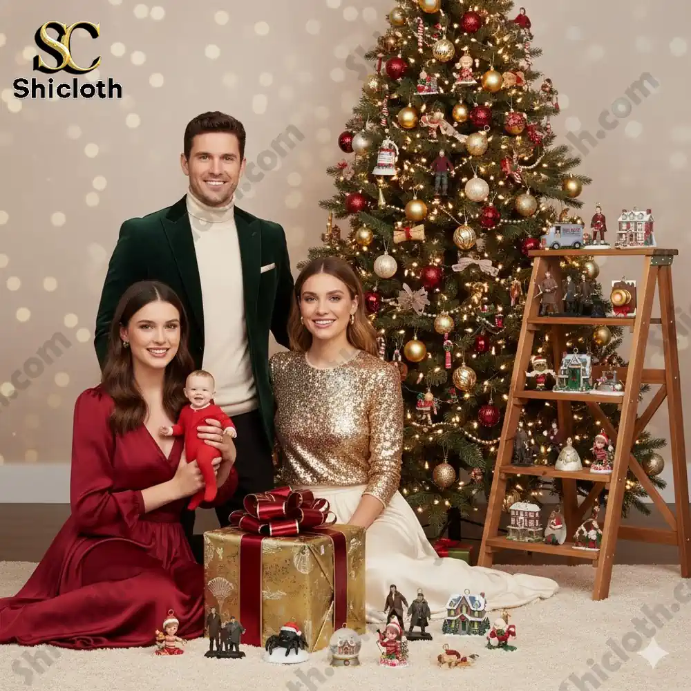 A family sitting by a decorated Christmas tree with a large gift box and miniature holiday figures on the floor!