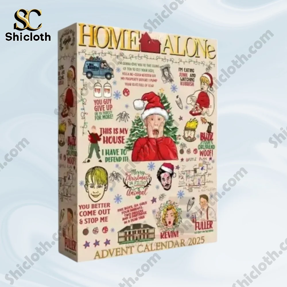 A Home Alone Advent Calendar 2025 box featuring colorful artwork and quotes from the classic Christmas movie!