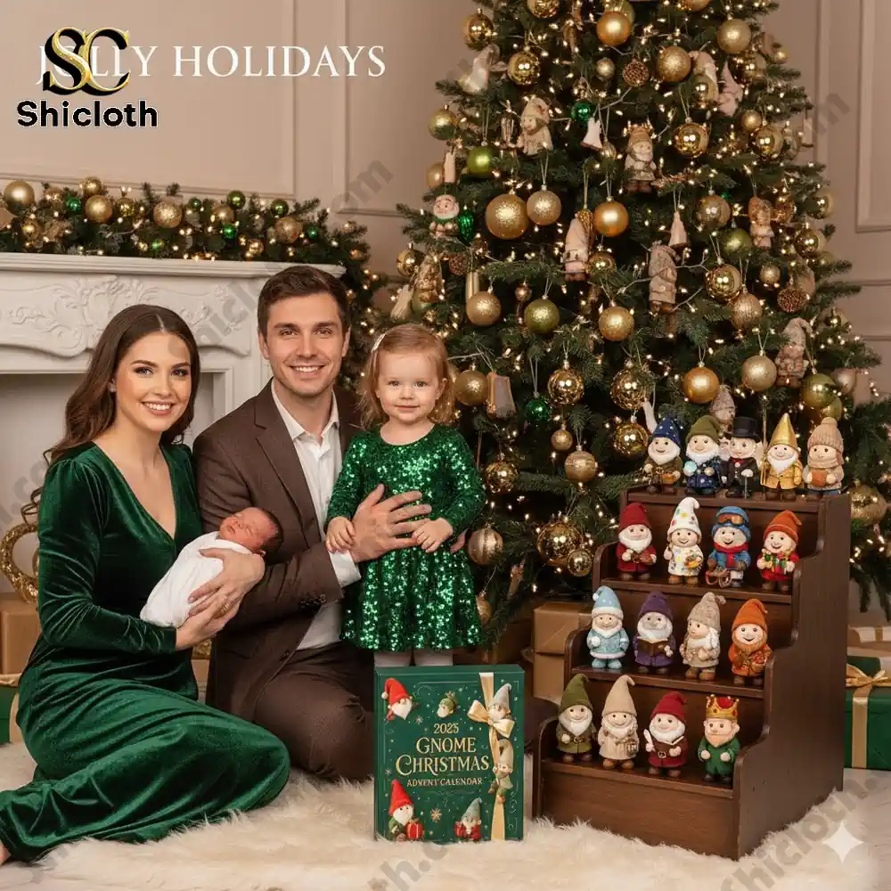A happy family sitting near a Christmas tree with the 2025 Gnome Christmas Advent Calendar from Shicloth displayed beside them!