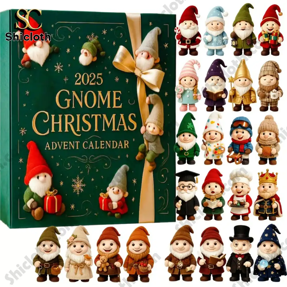 A display of the 2025 Gnome Christmas Advent Calendar from Shicloth with multiple cute gnome figurines!