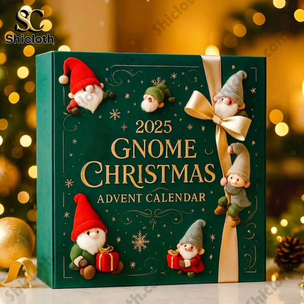 Hot Sale 2025 Gnome Christmas Advent Calendar 3 Close up of the 2025 Gnome Christmas Advent Calendar box from Shicloth decorated with small gnome figures and a golden ribbon!