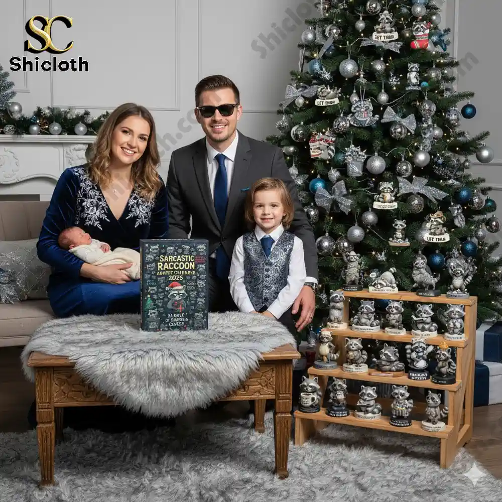 A family posing by a Christmas tree with the 2025 Sarcastic Raccoon Advent Calendar from Shicloth and raccoon figurines displayed beside them!