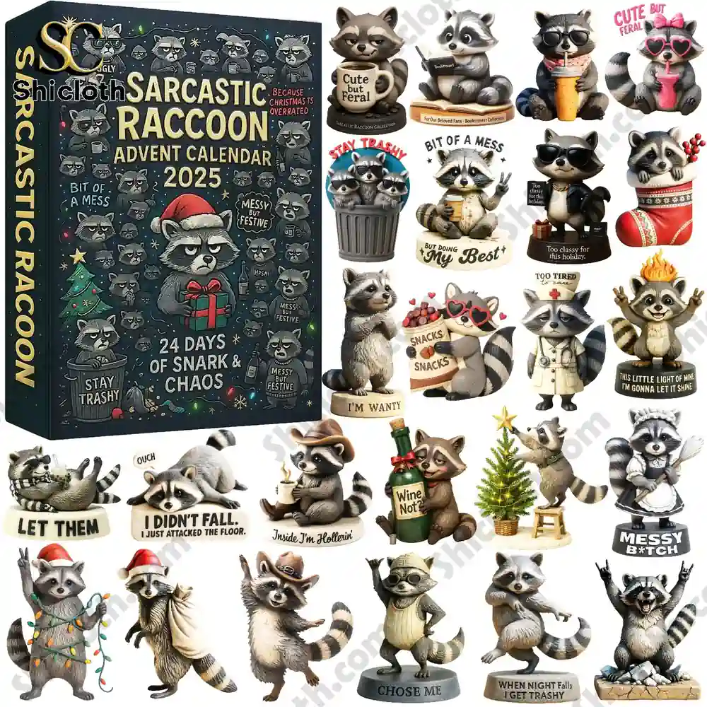 A full set of the 2025 Sarcastic Raccoon Advent Calendar from Shicloth with all raccoon figurines displayed!