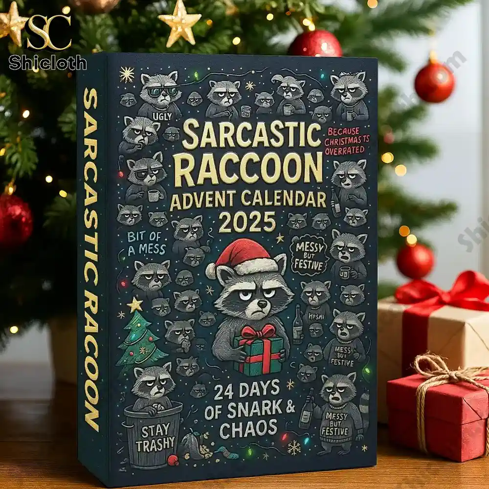 Hot Sale Sarcastic Raccoon Advent Calendar 2025 3 Close up of the 2025 Sarcastic Raccoon Advent Calendar box from Shicloth featuring funny raccoon illustrations!