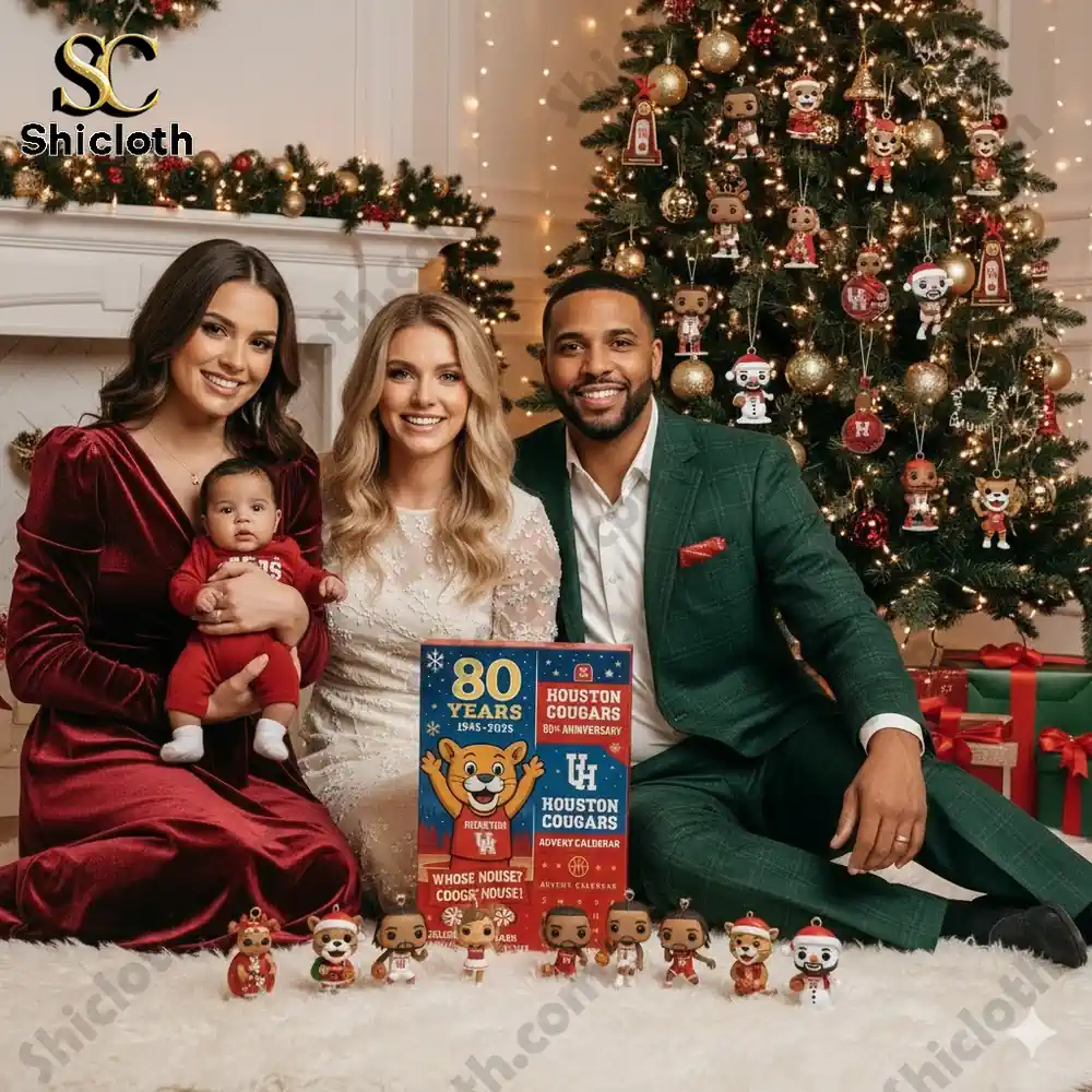 A family sitting by a Christmas tree decorated with ornaments and Houston Cougars Advent Calendar figures.