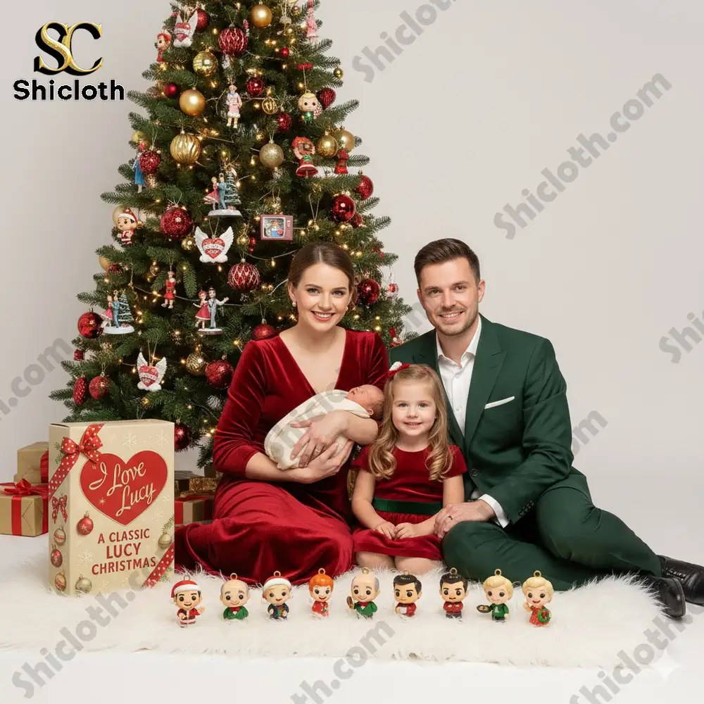 Family Christmas photo with Shicloth I Love Lucy A Classic Lucy Christmas set displayed in front of the tree.