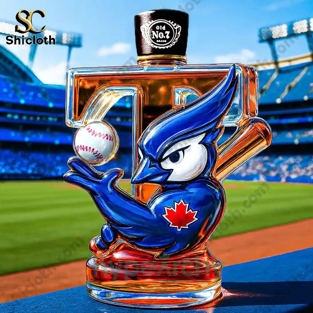 Toronto Blue Jays Crown Royal Whiskey Bottle 4 A glass bottle shaped like the letter T with a Blue Jay mascot holding a baseball and a black Old No7 cap, displayed on a baseball field.